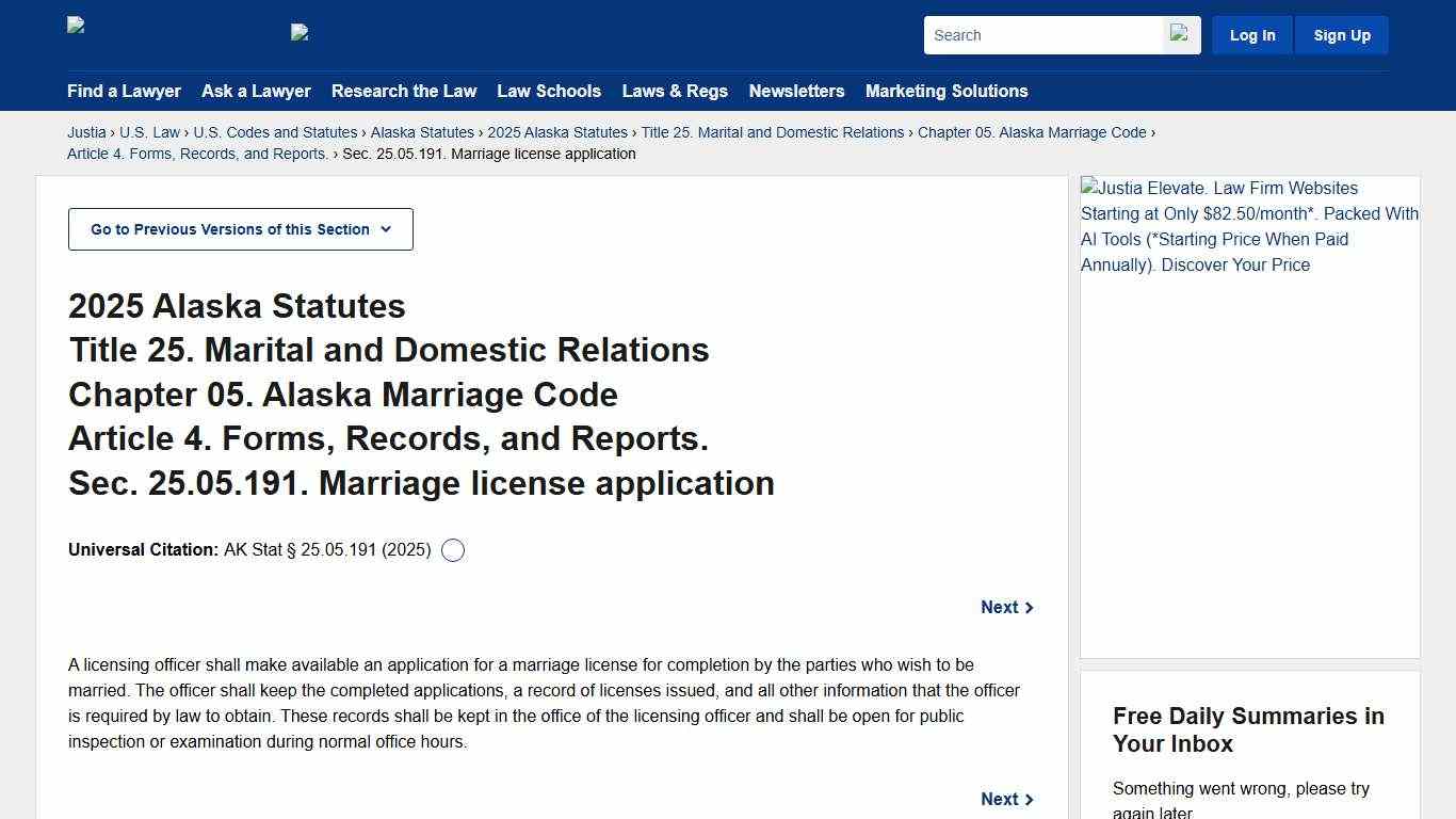 Alaska Statutes § 25.05.191 (2025) - Marriage license application :: 2025 Alaska Statutes :: U.S. Codes and Statutes :: U.S. Law :: Justia