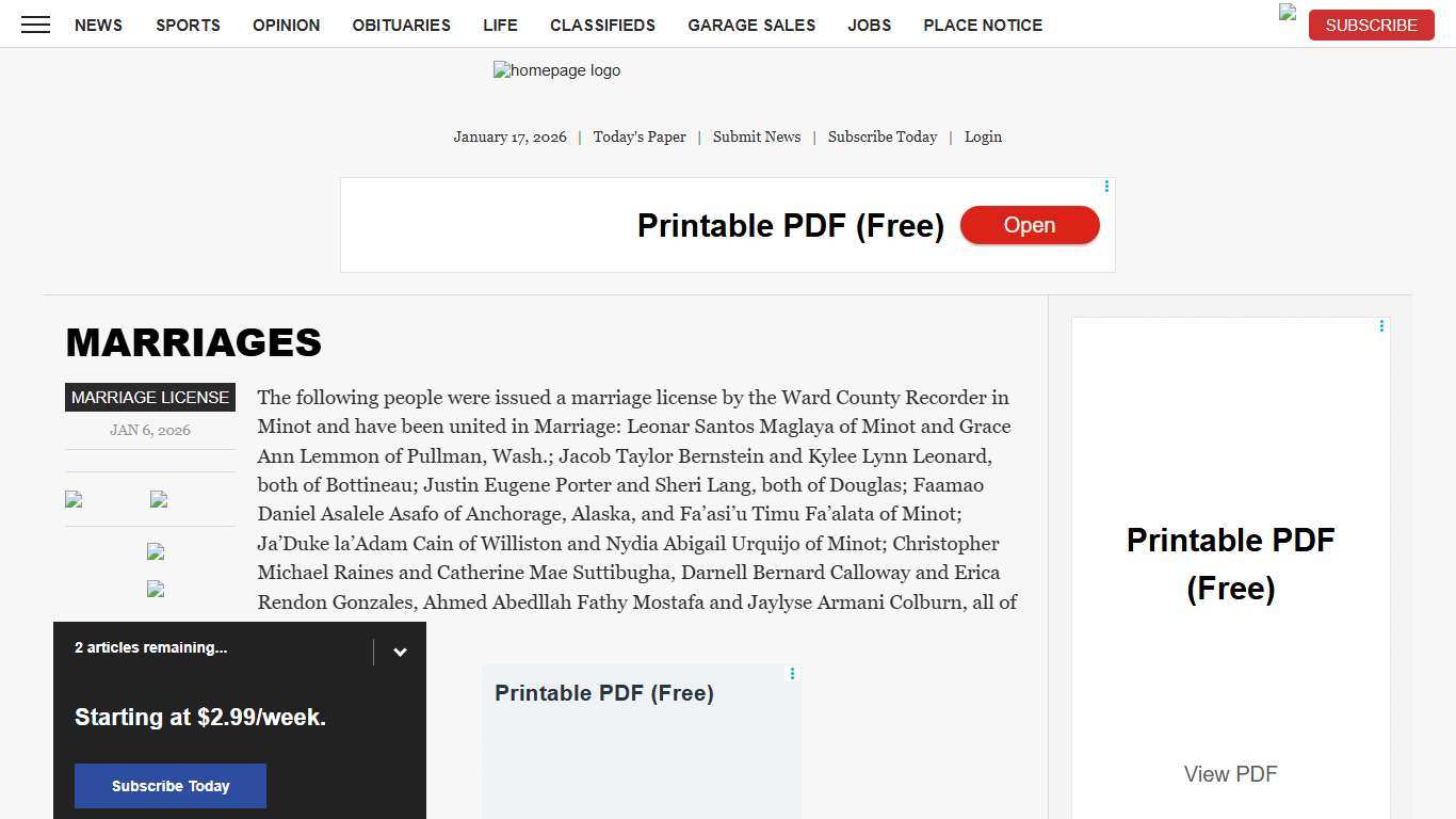 MARRIAGES News, Sports, Jobs - Minot Daily News