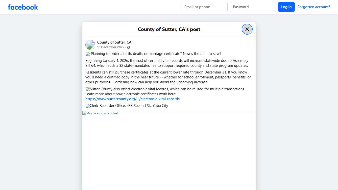 📄 Planning to order a birth, death,... - County of Sutter, CA Facebook